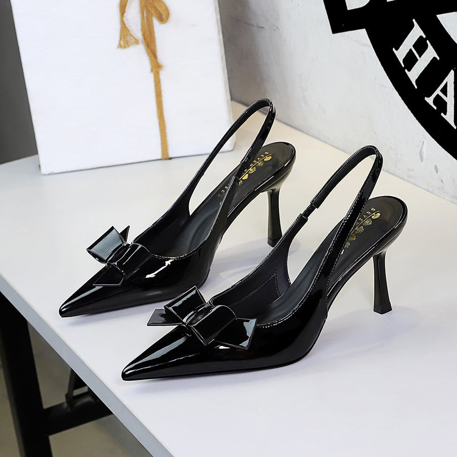 Cocktail Bow Pointed Low Cut Patent Leather Back Empty Back Strap Stiletto Heel Sandals Women  DestGlow