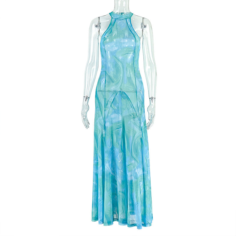 Elegant Women Clothing Office Printed Street A line Dress round Neck Pleated Sleeveless Maxi Dress by Ragazza