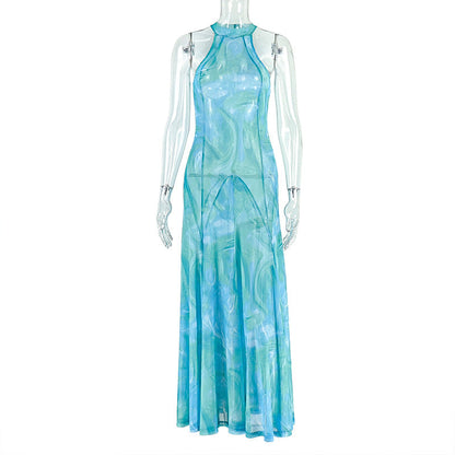 Elegant Women Clothing Office Printed Street A line Dress round Neck Pleated Sleeveless Maxi Dress by Ragazza