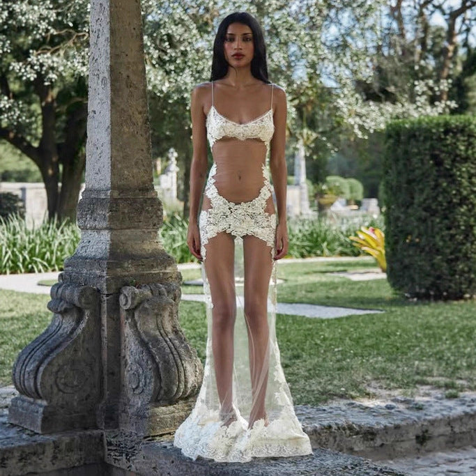 Summer Women Mesh Lace Lace Spaghetti Strap Dress See through Sexy Nightdress Vacation Maxi Dress by Ragazza