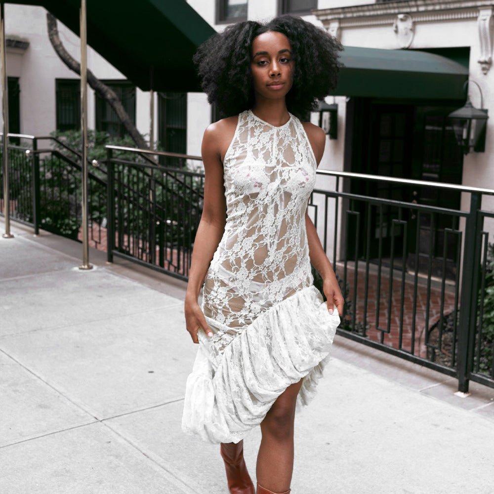 Sleeveless round Neck Dress Summer Sexy Lace See through Irregular Asymmetric Maxi Dress Women by Ragazza