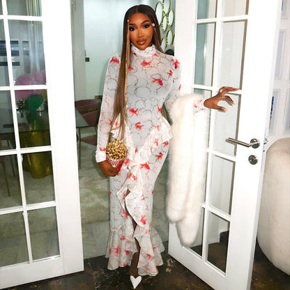 Women Clothing Fresh Printed Long Sleeve Pleated Hip Turtleneck Ruffled Split Maxi Dress by Ragazza