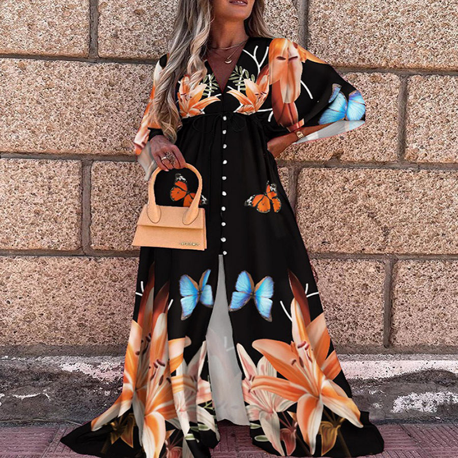 Women Clothing Spring Summer Casual Vacation V neck Printed Dress by Ragazza
