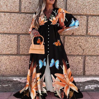 Women Clothing Spring Summer Casual Vacation V neck Printed Dress by Ragazza