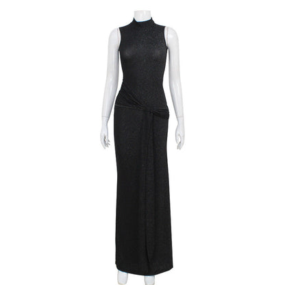 Sleeveless Half Turtleneck Sexy Bright Silk Stitching Ribbon Slim Fit Elegant Dress  DestGlow
