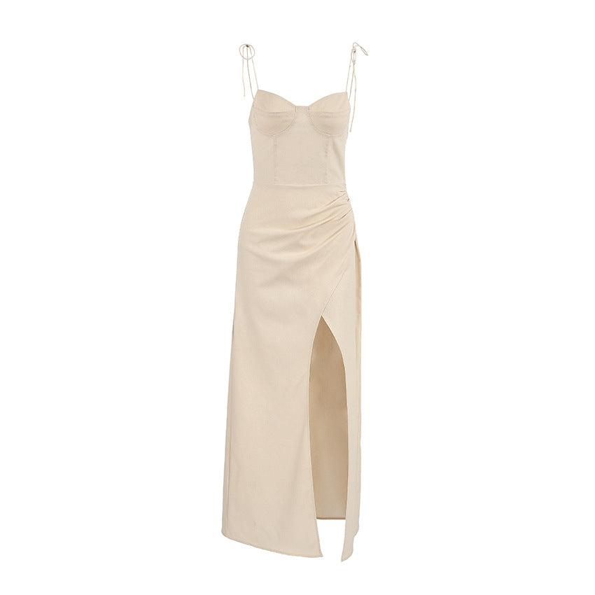 Summer Women Clothing Khaki Cotton Linen Split Suspender Sexy Slim Dress by Ragazza