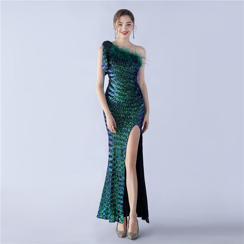 Craft Floral plus Ostrich Feather High End Sequined One Shoulder Evening Dress by Ragazza