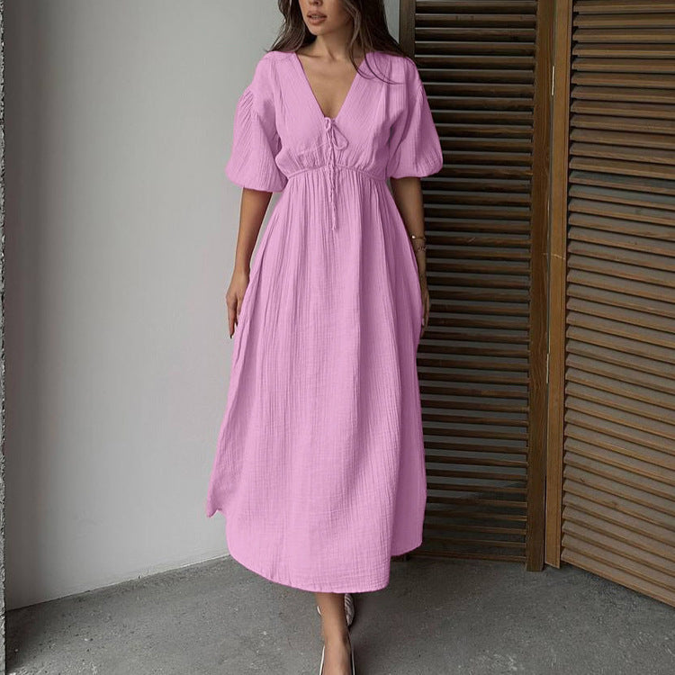 Women Clothing Cotton Double Layer Champray High Waist Dress V neck Puff Sleeve Lace up A line Long Dress by Ragazza