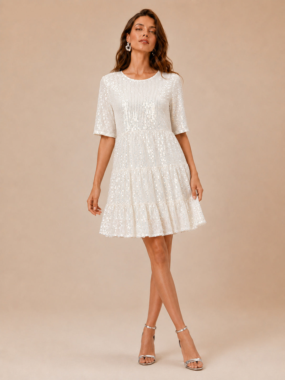 Sequined Short Sleeve A line Dress Cocktail Women Short Dress  DestGlow