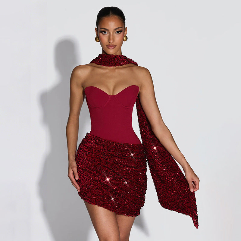 Women Clothing Autumn Winter Sexy Halter Ribbon Asymmetric Pleated Draped Mini Dress by Ragazza