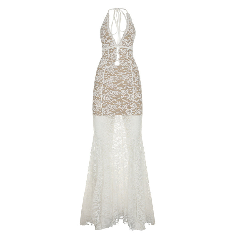 Vacation Sexy Lace Back Hollow Out Cutout out Strap Halter Deep V Plunge neck Slim Fit Dress Sexy See through Dress by Ragazza