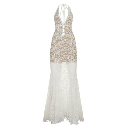 Vacation Sexy Lace Back Hollow Out Cutout out Strap Halter Deep V Plunge neck Slim Fit Dress Sexy See through Dress by Ragazza