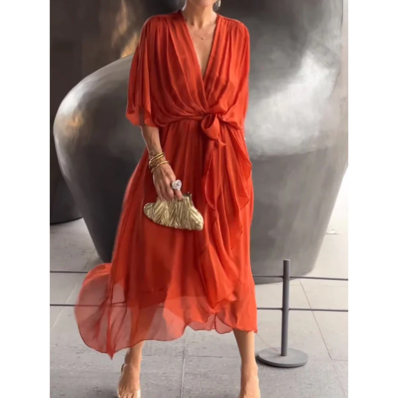 Women Clothing Solid Color Tied Maxi Dress Batwing Sleeve Irregular Asymmetric Dress by Ragazza