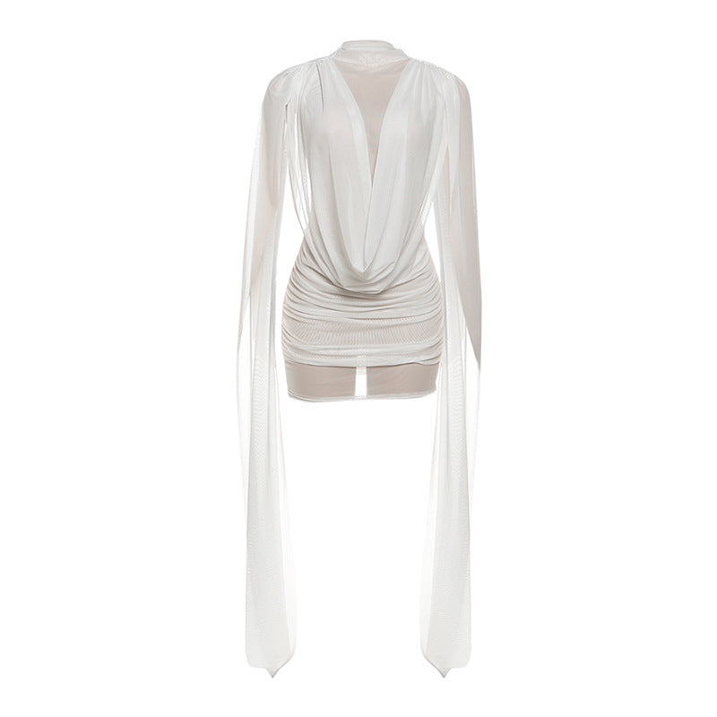 Autumn Winter Women Half Turtleneck Double Layer Stitching Mesh Ribbon Hip Wrapped Sexy Dress by Ragazza