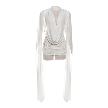 Autumn Winter Women Half Turtleneck Double Layer Stitching Mesh Ribbon Hip Wrapped Sexy Dress by Ragazza