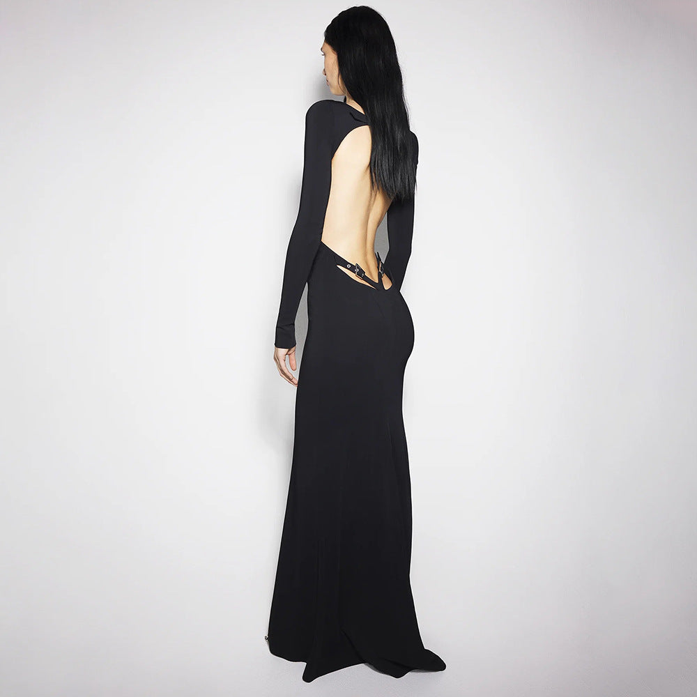 Women Clothing Summer Sexy Long Sleeve Backless Lace Hip Elastic Metal Decoration Dress by Ragazza