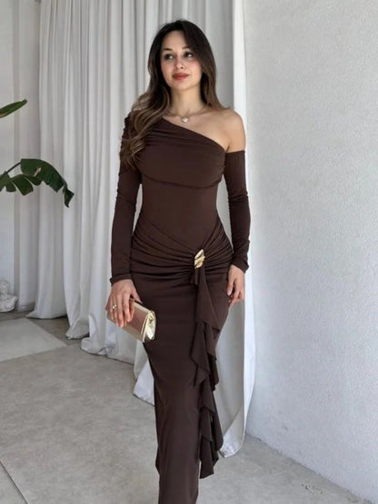 Autumn Elegant Women Single Shoulder Solid Color Long Sleeve Slim Fit Sexy Sheath Pleated Dress by Ragazza