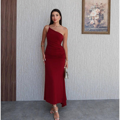 Women Clothing Summer Single Shoulder Sloping Shoulder Pleated Sexy Slim Irregular Asymmetric Dress by Ragazza