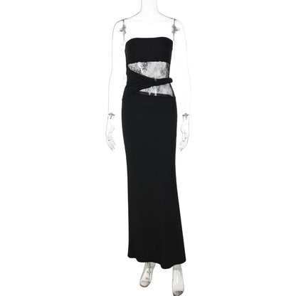 Women Clothing Winter Sleeveless Lace Patchwork Maxi Dress Sexy Slim Tube Top Dress by Ragazza
