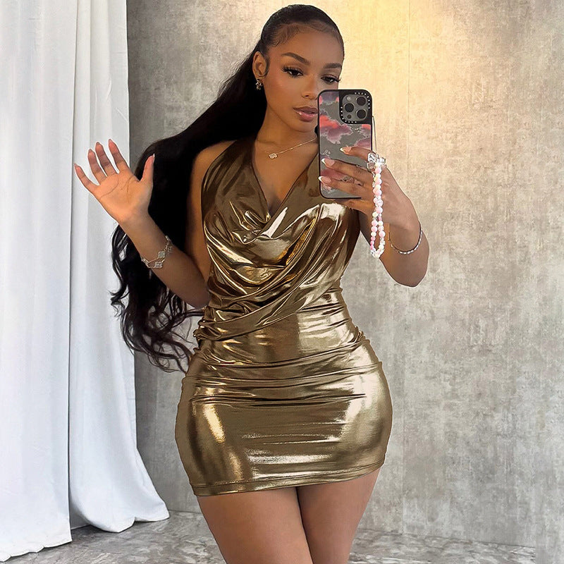 Metallic Glossy Features Swing Collar Sleeveless Halter Dress Backless Sheath Sexy Dress by Ragazza