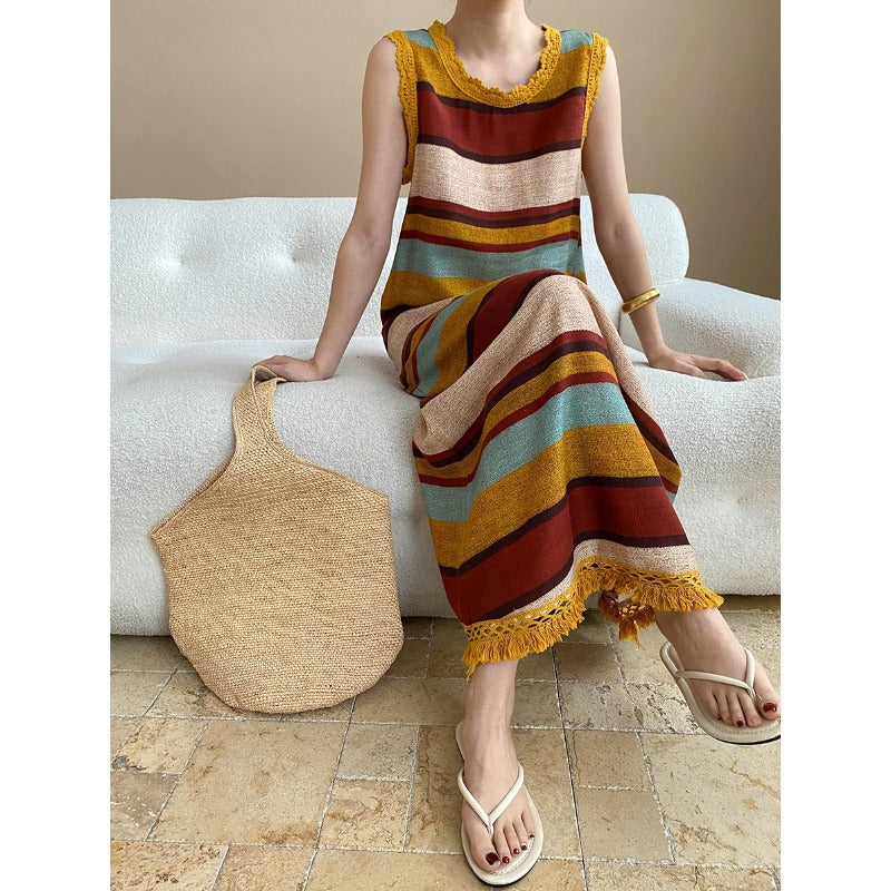 Lazy Vacation Tencel Linen Tassel round Neck Colorful Striped Vest Dress by Ragazza