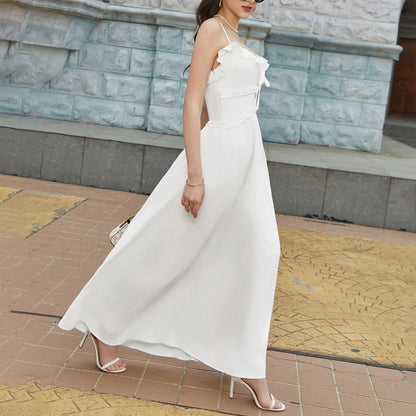 Summer Cool Ice Velvet Crepe Fabric Cami Dress Sexy V neck Flounce Decoration Slim Fit Maxi Dress  DestGlow