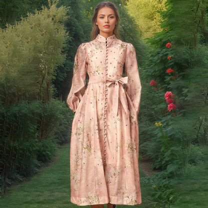 Beautiful Tea Break Dress Spring Summer Small Stand Collar Printed Lace up Waist Slimming Dress Women by Ragazza