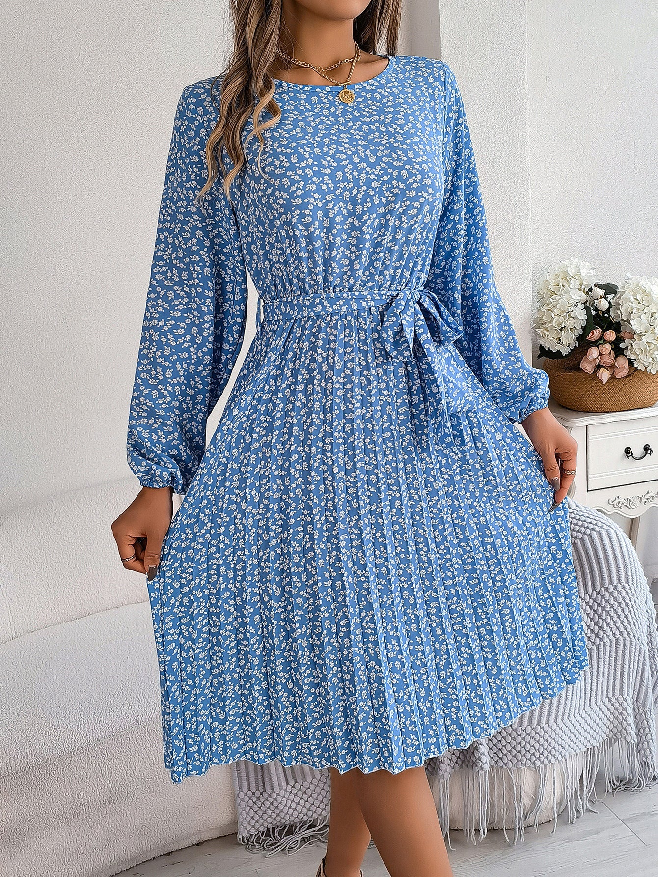 Spring Summer Casual Long Sleeved Floral Large Hem Pleated Women Clothing by Ragazza