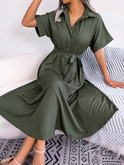 Summer Casual Loose Solid Color Tied Shirt Dress Maxi Dress Women Clothing by Ragazza