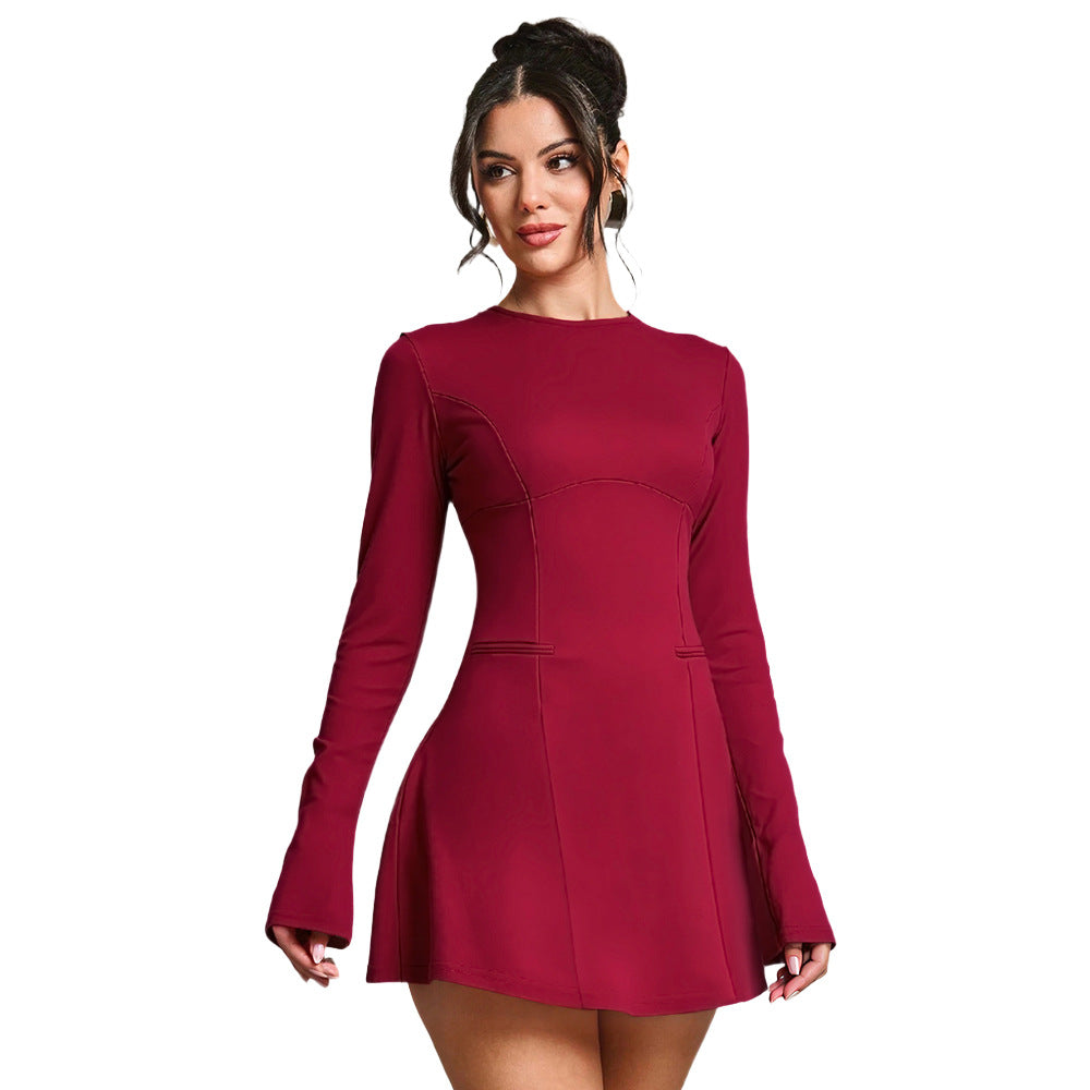 Early Spring Burgundy Backless Long Sleeves Dress Women Slim Fit Slimming Elegant Party A line Dress by Ragazza