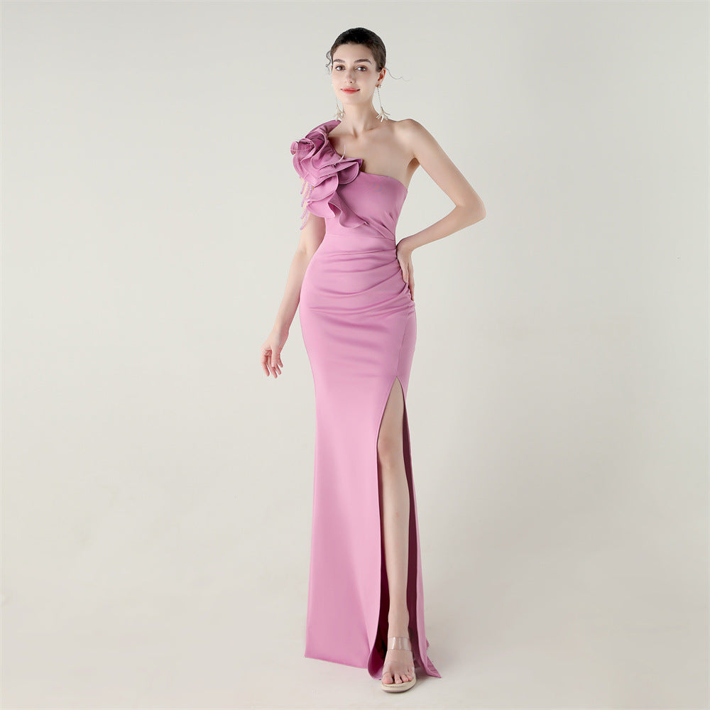Single Shoulder Craft Beaded Nail Hair Wave Floral Satin High Slit Sexy Evening Dress Evening Cocktail Wedding by Ragazza