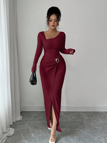 Autumn Winter Irregular Asymmetric Neckline Solid Color Knitted Texture Maxi Dress Women by Ragazza