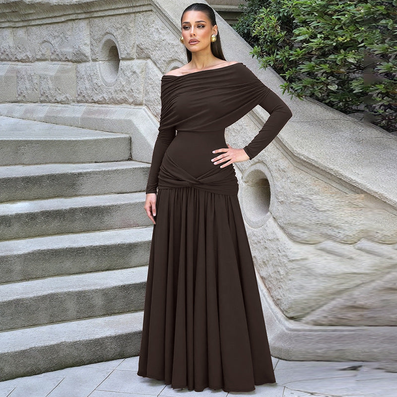 French Women Autumn off Neck Cinched Pleated Long Sleeve Dress by Ragazza