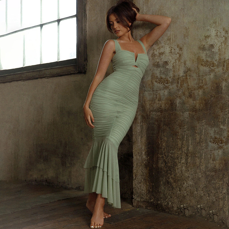Spring Summer Suspender Stitching Dress Fashionable Sexy Tight Pleated Fishtail Dress by Ragazza