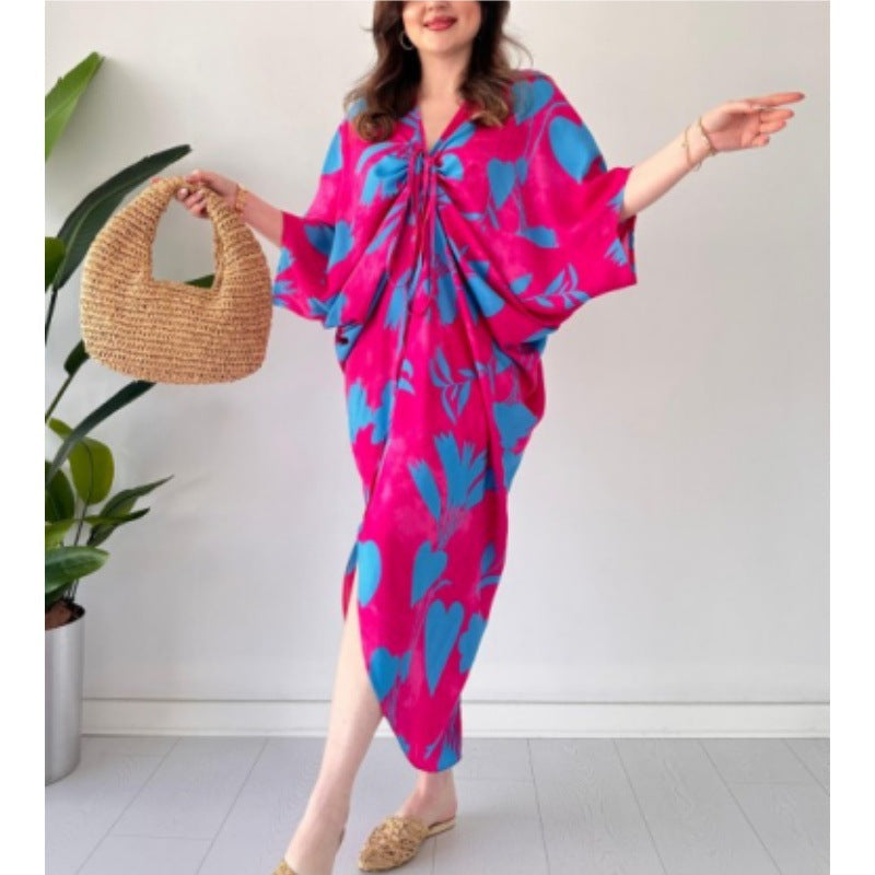 Loose Batwing Sleeve Casual Printing Drawstring Irregular Asymmetric Women Dress by Ragazza