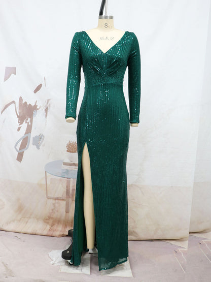Spring Split Long Sleeve V neck Slim Fit Long Formal Dress Wedding Cocktail Party Multi Color Sequined Evening by Ragazza