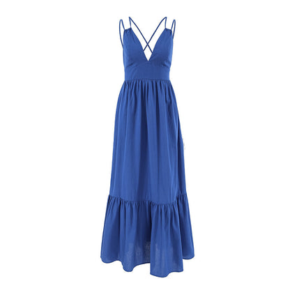 French Vacation Blue Cotton Linen V neck Strap Backless Dress Spring Summer Dress by Ragazza