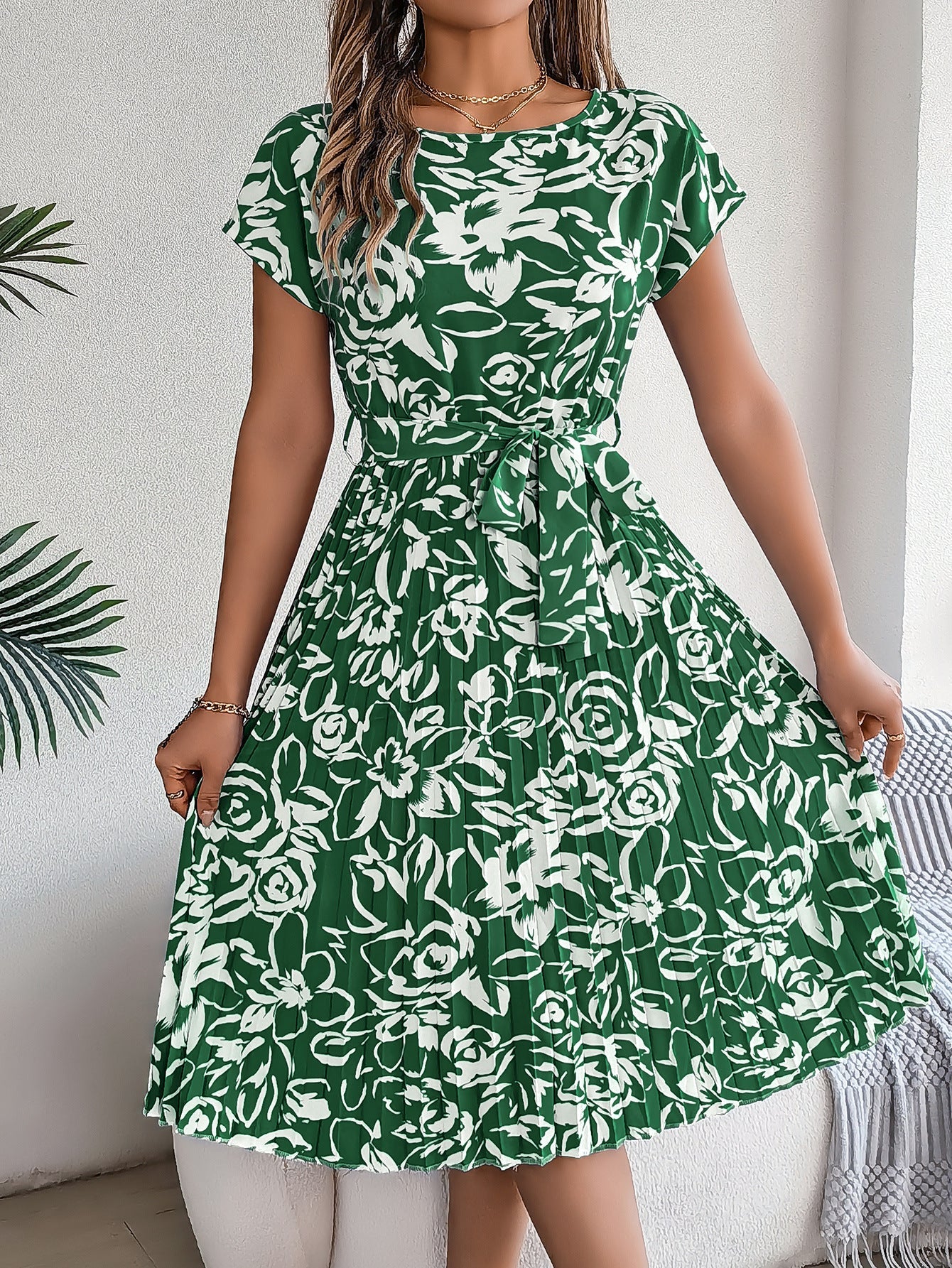 Spring Summer Elegant Floral Short Sleeve Large Hem Pleated Dress Women Clothing by Ragazza