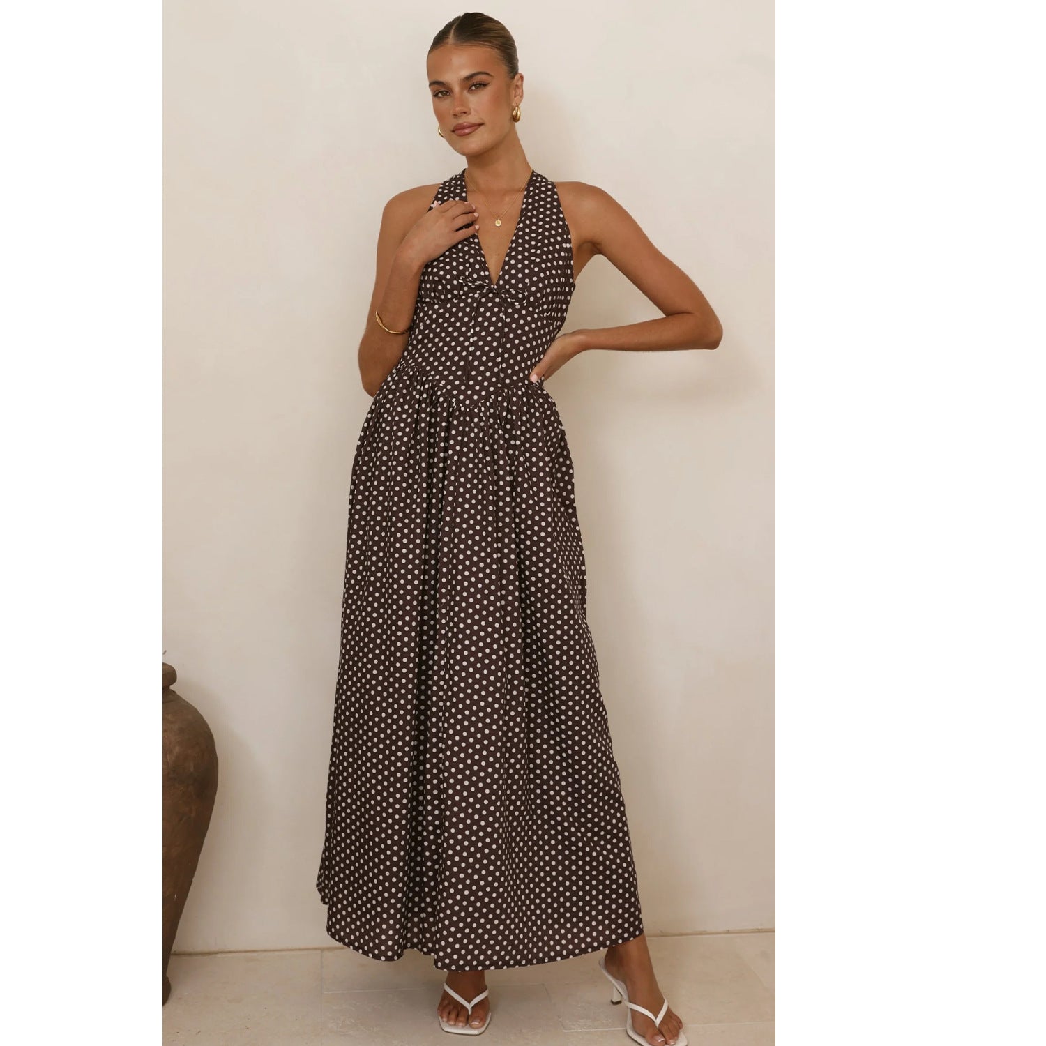 Goods Polka Dot Halter Deep V Plunge Dress Vacation Dress by Ragazza