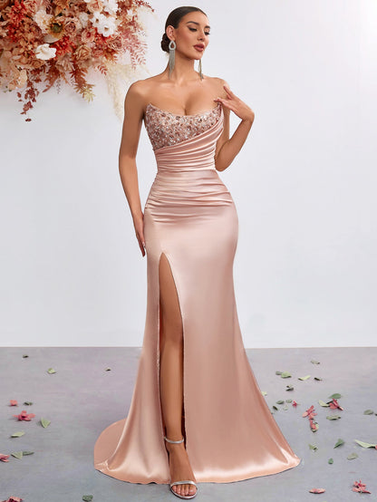 Solid Color Tube Top Sequined Rhinestone Evening Dress Slit Slim Fitting Ladies Cocktail Elegant Dress by Ragazza