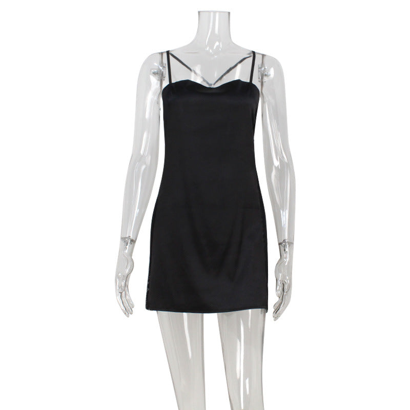 Sexy Mesh Stitching See through Backless Satin Sling Dress Sexy Pajamas Short Dress Women by Ragazza