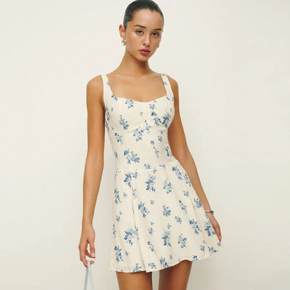 Summer Women Printing Slip Dress Square Collar Backless Fresh Sweet Floral A Line Dress by Ragazza