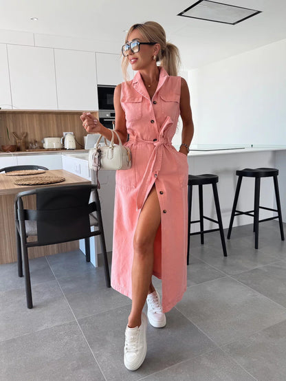 Women Sleeveless Long Tie Waist Single Breasted Denim Dress by Ragazza