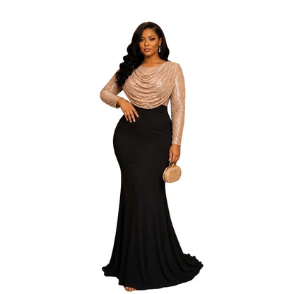Women Clothes Dress Sequin round Neck Pleated Sequined Sheath Long Sleeve  DestGlow