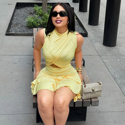 Solid Color Women Pleated Waist Tight A line Dress round Neck Cut out Ruffled Short Dress by Ragazza