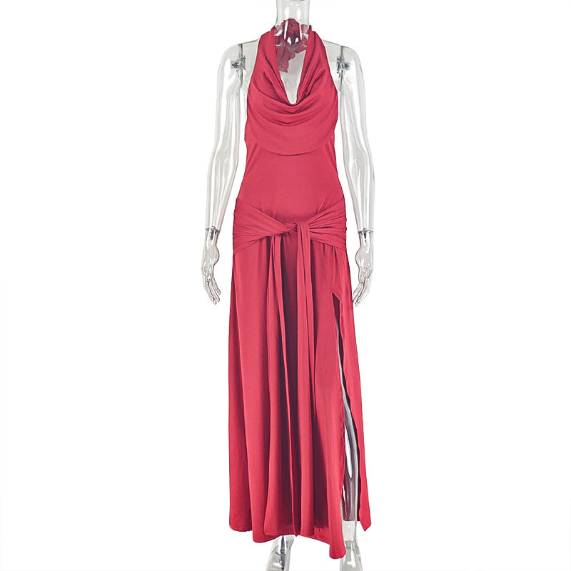 Women Clothing Solid Color Split Elegant Halter Hip Dress Swing Collar Backless Sleeveless Pleated Length Dress by Ragazza