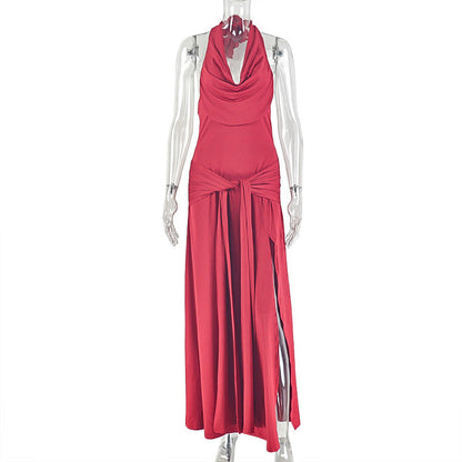 Women Clothing Solid Color Split Elegant Halter Hip Dress Swing Collar Backless Sleeveless Pleated Length Dress by Ragazza