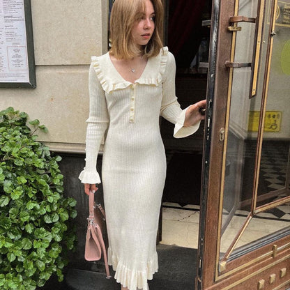 Ruffled Dress Knitted Dress Autumn Winter Sweater Dress Retro Lady French Dress by Ragazza