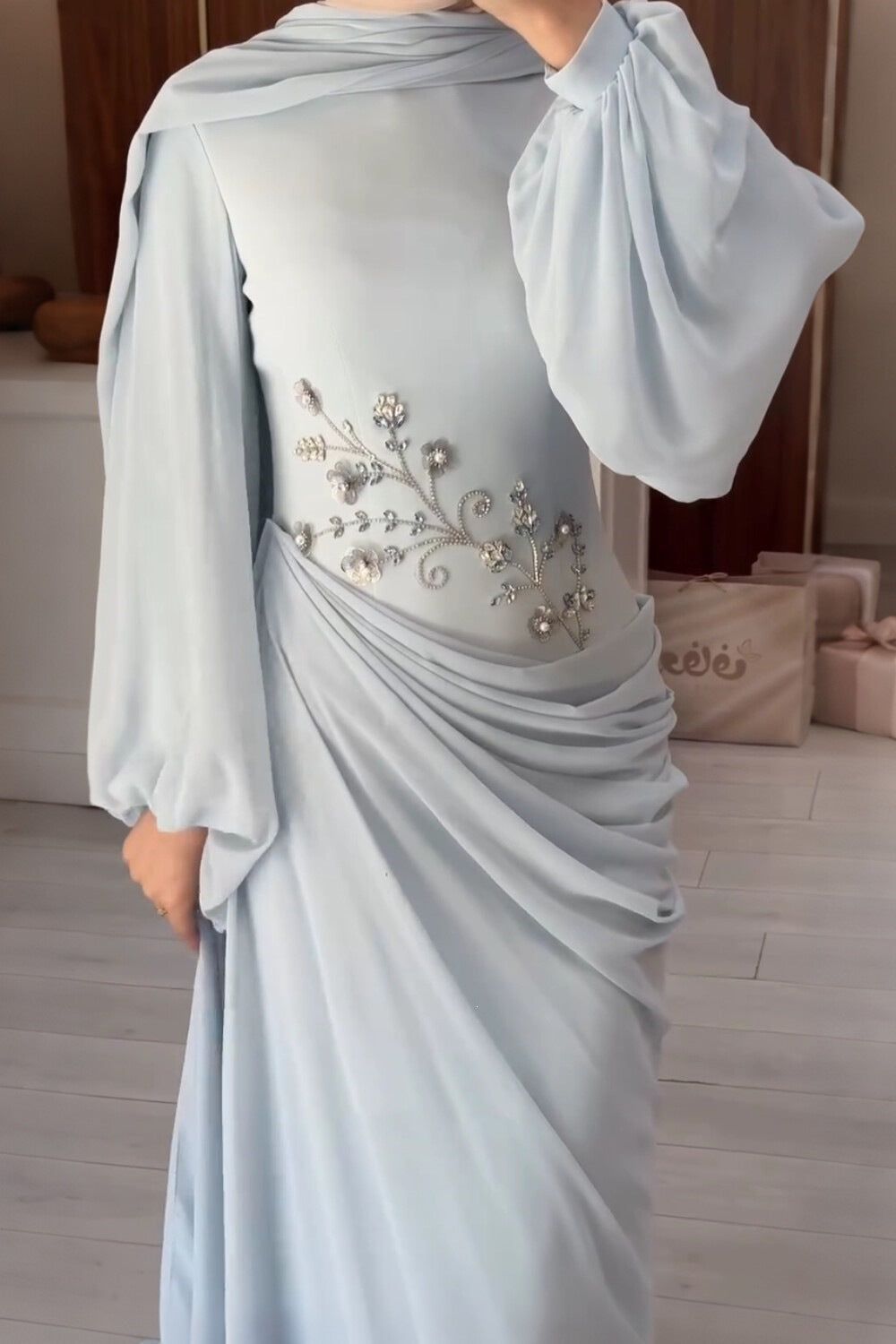 Chiffon Diamond Decorations Floral Long Sleeve Narrow Large Swing Elegant Dress  DestGlow