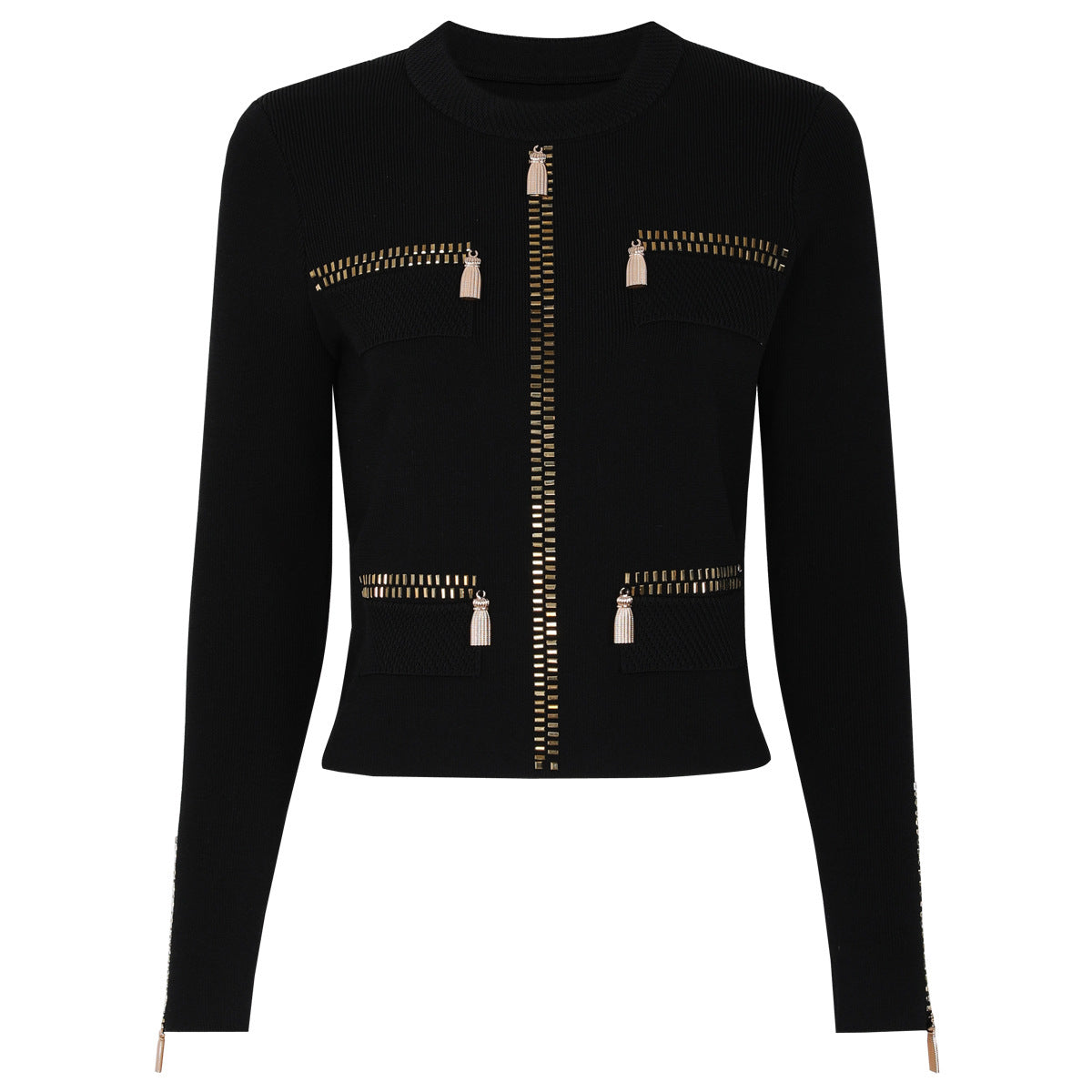 Spring Autumn Rhinestone Knitted Net Red Casual Jacket Pants Two Piece Sets by Ragazza